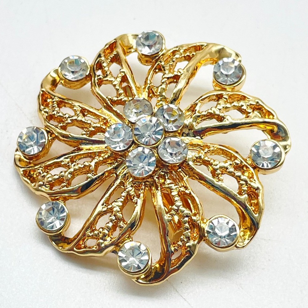 Vintage Gold Tone Brooch Clear Rhinestone Swirl Flower Pin Openwork Statement